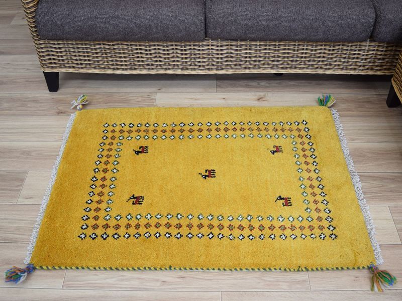 美品 イラン ペルシャ絨毯 ギャべ  ギャッベ 玄関マット ラグイエロー系