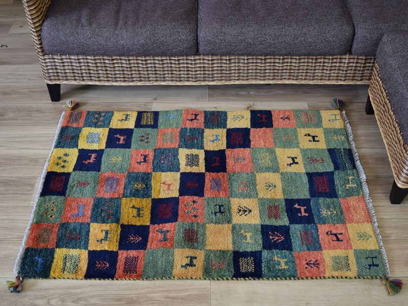 美品 イラン ペルシャ絨毯 ギャべ  ギャッベ 玄関マット ラグイエロー系